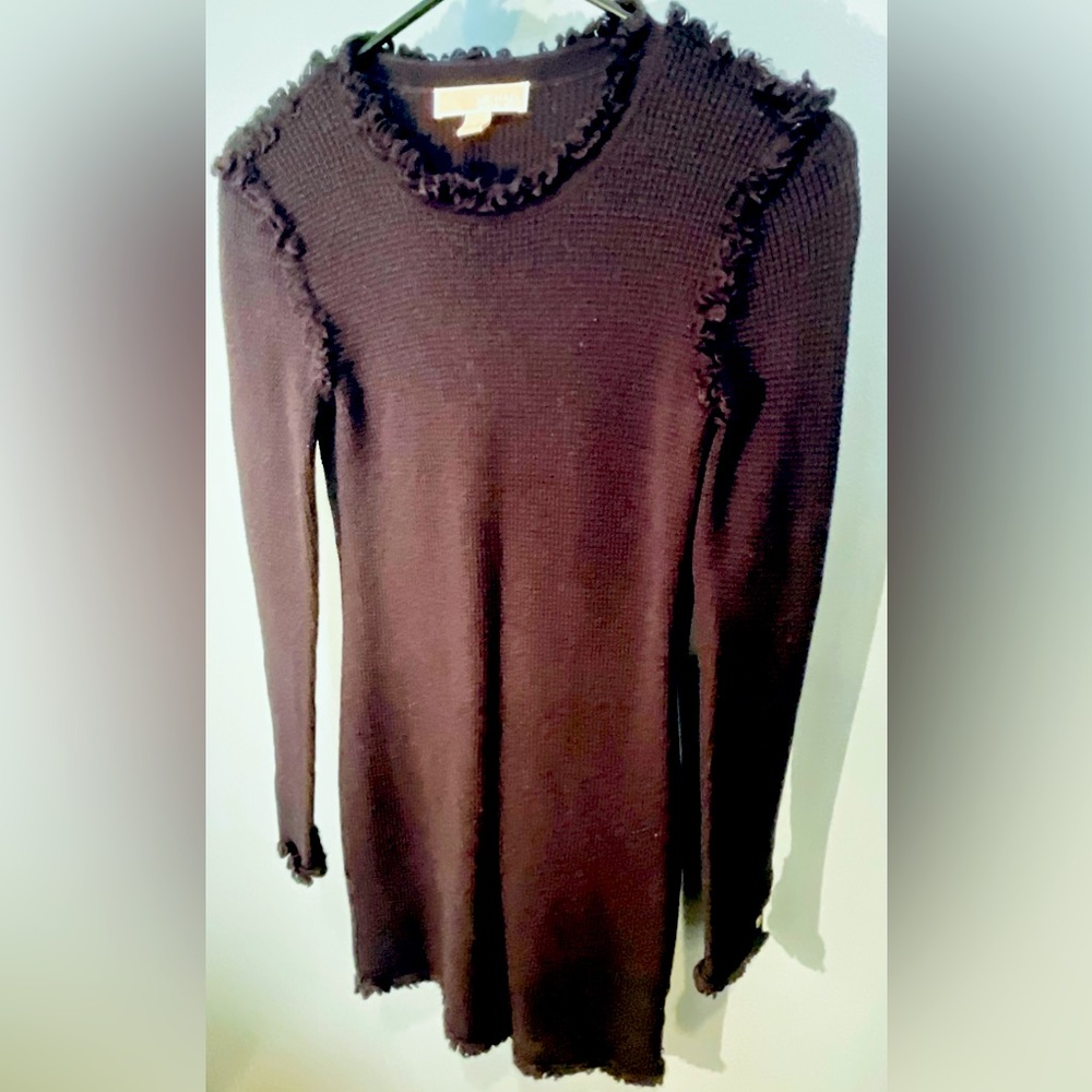 Michael Kors Navy Sweater Waffle knit stretch fray edge mini dress Med. NWOT